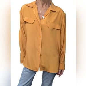 Sara Stephen Vintage Yellow Button Up Blouse Retro Satin 80s Vibe Shirt Size L